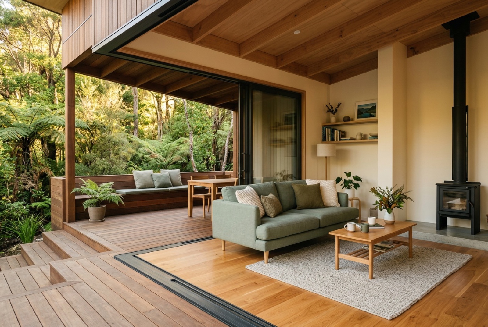 Timber-lined living space with wide glazing opening to a sheltered deck